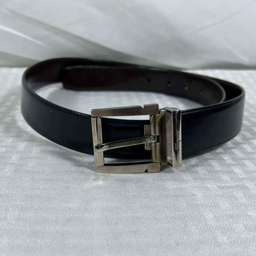 Salvatore Ferragamo Black Leather Belt Silver Buckle Made Italy